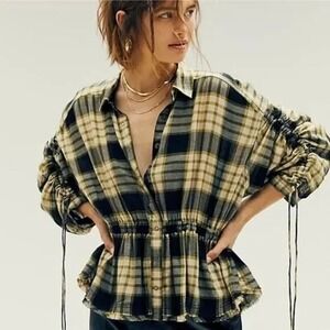 WE THE FREE S Pacific Dawn Drawstring Top Black Plaid Ruched Sleeve Raw Hem Snap